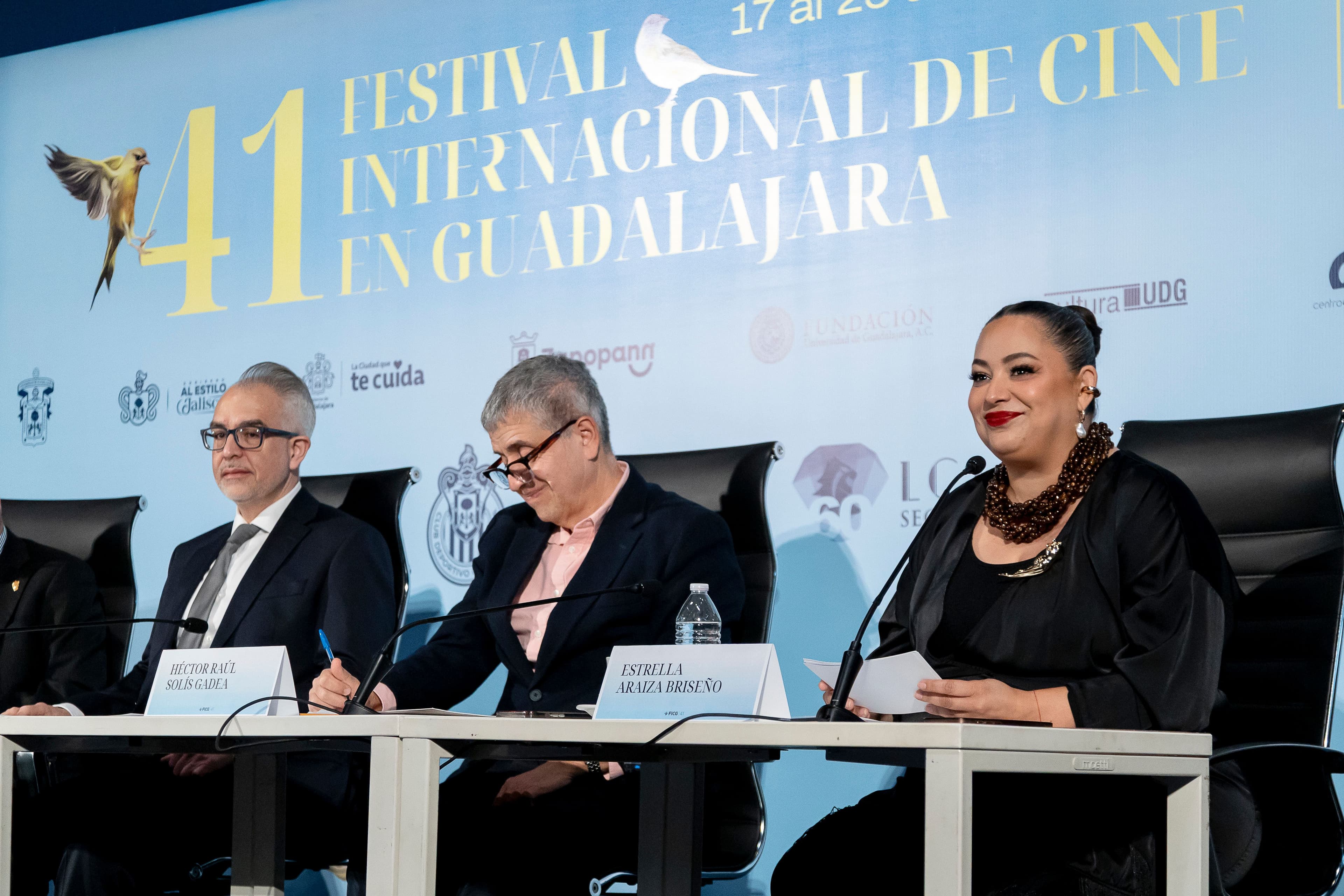 Conferencia de prensa en la Cineteca FICG para presentar a medios de comunicación el programa general de la cuadragésima primera edición del Festival Internacional de Cine en Guadalajara. En la foto, de izquierda a derecha: José Trinidad Padilla López, Guillermo Arturo Gómez Mata, Héctor Raúl Solís Gadea y Estrella Araiza Briseño. Guadalajara, Jalisco, México. Lunes 9 de marzo de 2026.