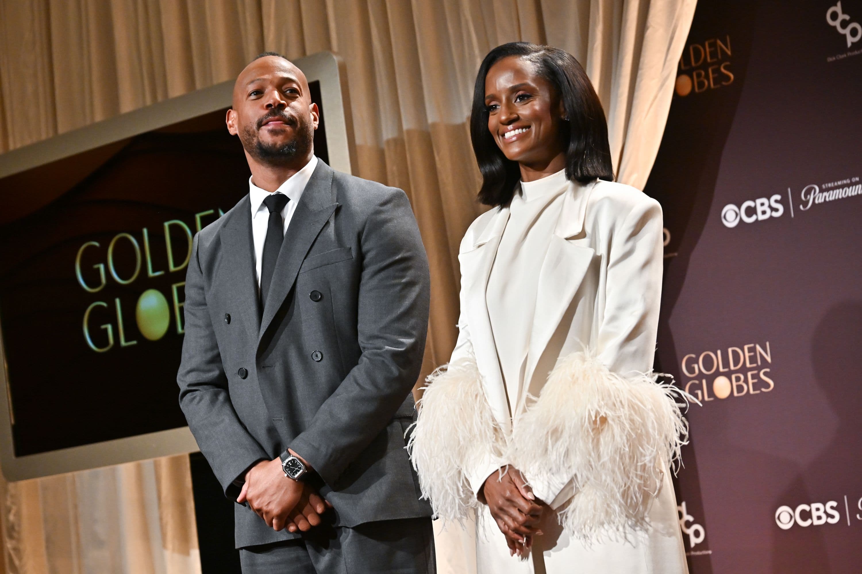 El actor Marlon Wayans y la actriz Skye P. Marshall, en la lectura de nominaciones de los Globos de Oro 2026